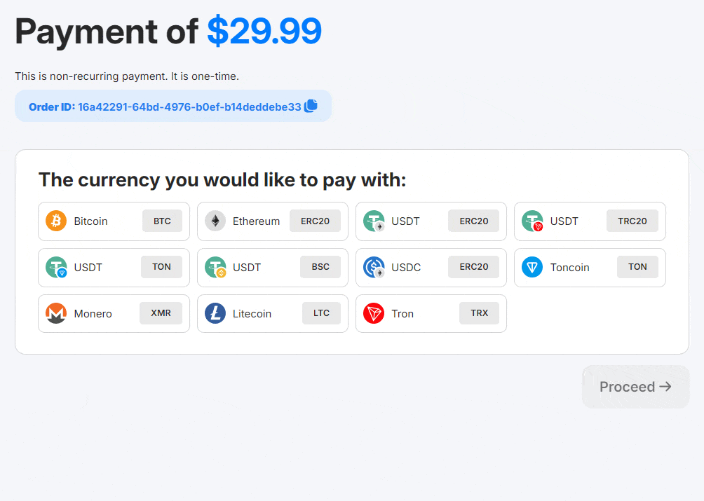 Selecting cryptocurrency and copying payment address